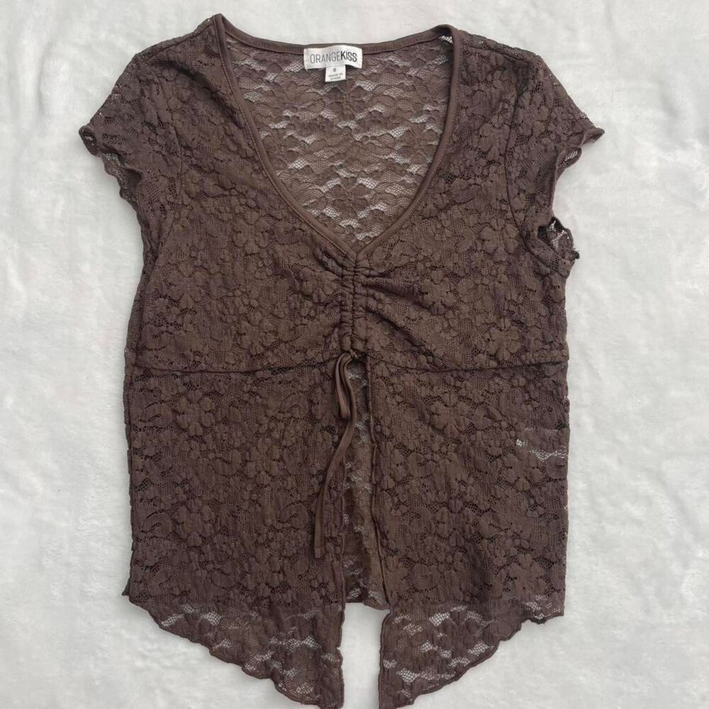 Chocolate Brown Lace Floral Top Women's S Going Out Party Fitted Party Casual